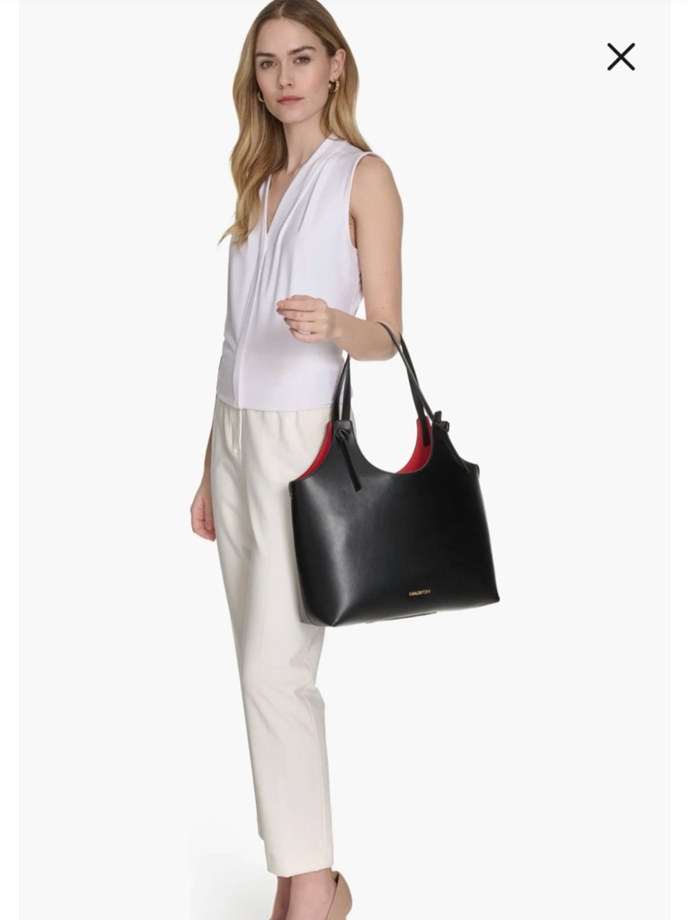 HALSTON Brooke Mini Tote Black Red Interior Shoulder Bag Chic Minimalist - Picture 3 of 13